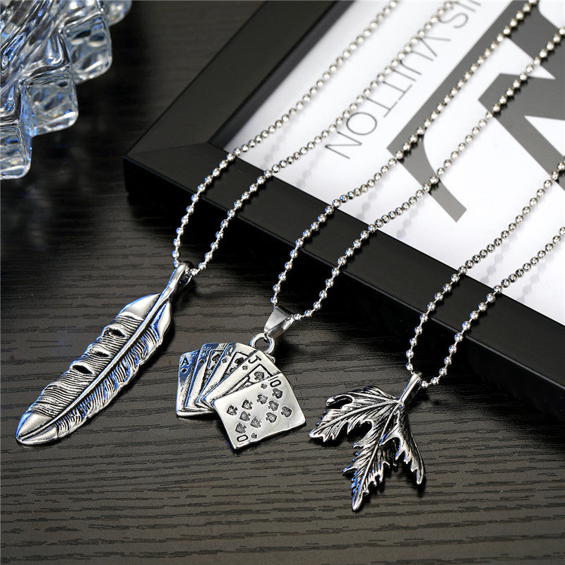 Personalized Retro Feather Maple Leaf Playing Card Necklace