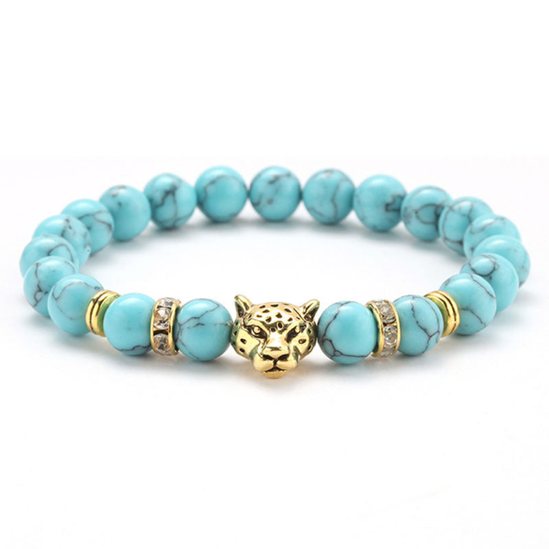 8mm Volcanic Stone Onyx Alloy Leopard Head Beaded Bracelet