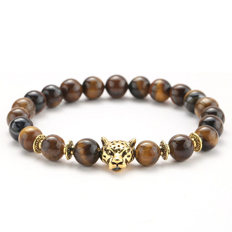 8mm Volcanic Stone Onyx Alloy Leopard Head Beaded Bracelet