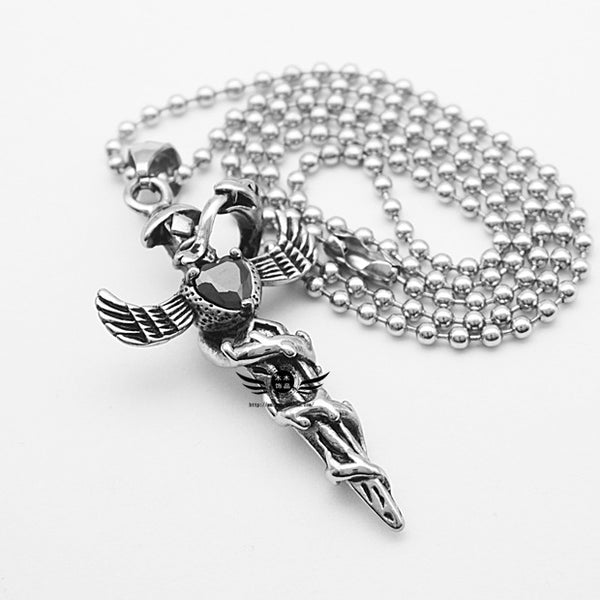 Retro Fashion European And American Style Diecast Snake Winding Wings Cross Titanium Steel Necklace Heart-shaped Diamond Pendant