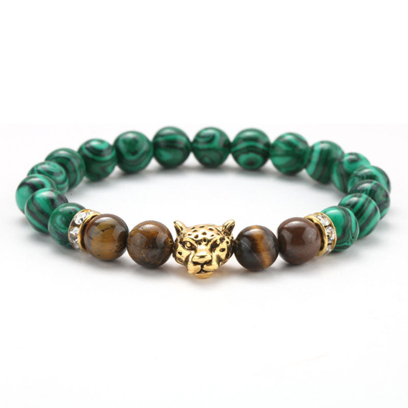 8mm Volcanic Stone Onyx Alloy Leopard Head Beaded Bracelet