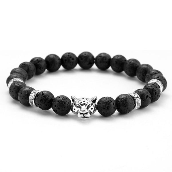 8mm Volcanic Stone Onyx Alloy Leopard Head Beaded Bracelet
