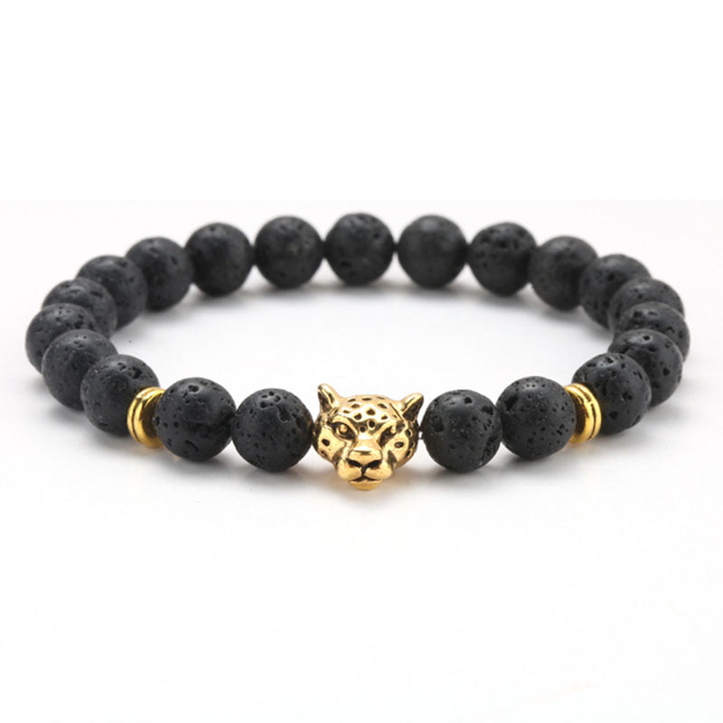 8mm Volcanic Stone Onyx Alloy Leopard Head Beaded Bracelet