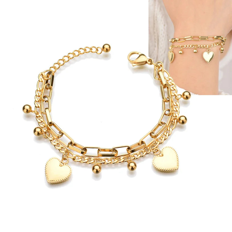 Bohemia 2 Layer Ball Lovers Love Heart Charm  Bracelet