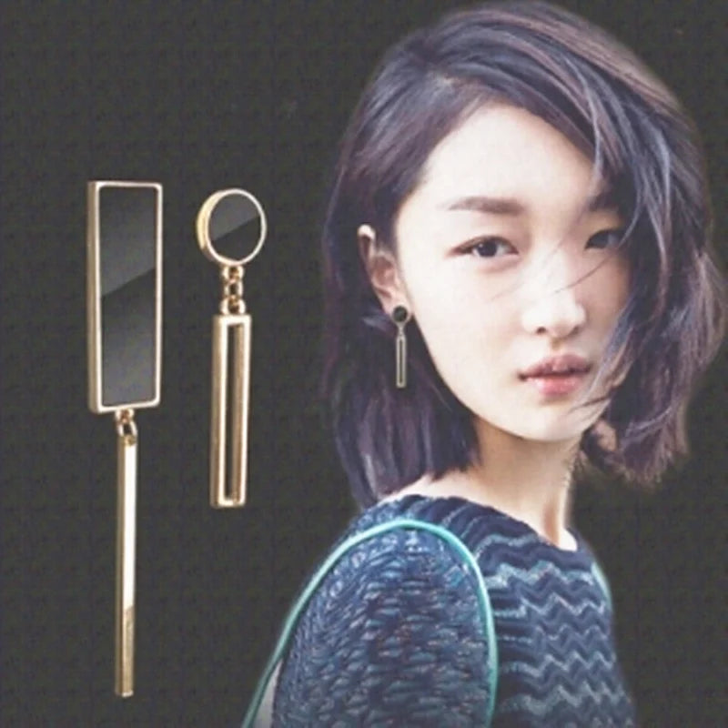 Round Geometric Rectangle Black Crystal Earrings