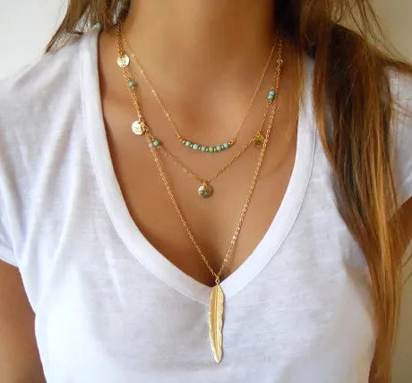 Tassels Lariat Bar Necklaces Beads Choker Feather Pendants Necklaces