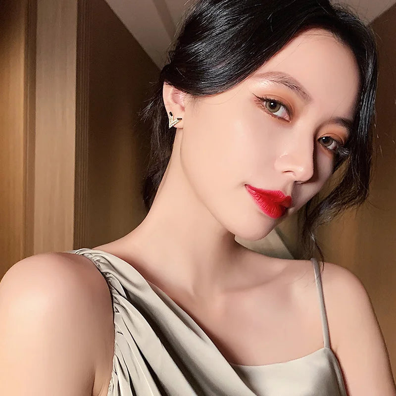 Exquisite black letter V titanium earrings