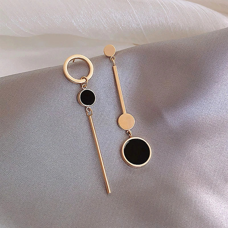 Round Geometric Rectangle Black Crystal Earrings