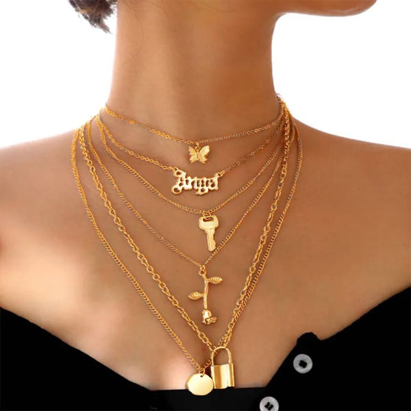 6Pcs Lady Multilayer Necklace Europe And America Retro Simple Creative Simple Lock Rose Pendant Necklace Set