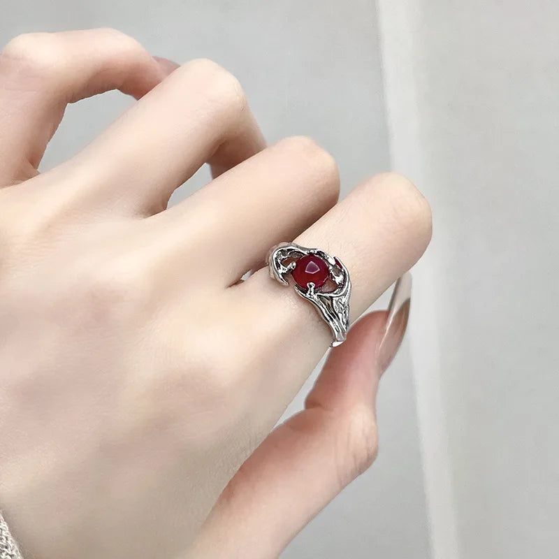 Irregular Gemstone Ring Aesthetic Girl Hollow Red Stone Ring