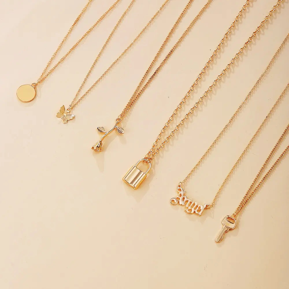 6Pcs Lady Multilayer Necklace Europe And America Retro Simple Creative Simple Lock Rose Pendant Necklace Set