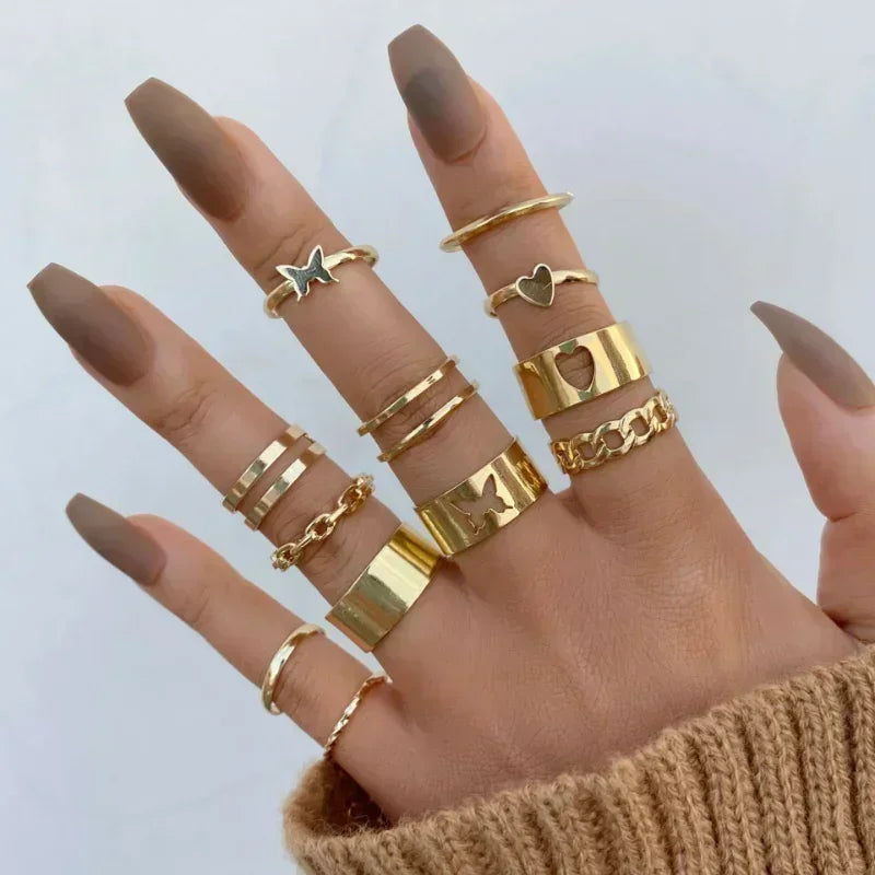 Boho Gold Color Heart Rings Set