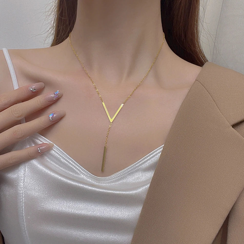 SUMENG New V-shaped Long Sexy Clavicle Gold Colour Chain Necklace Choker