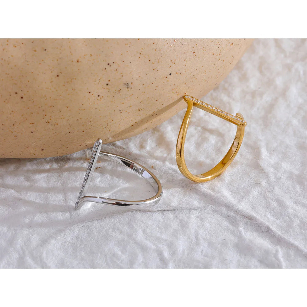 Yhpup Stylish Unique Stainless Steel Geometric Twisted CZ Chic Ring Delicate Shiny Cubic Zirconia Minimalist Daily Charm Jewelry