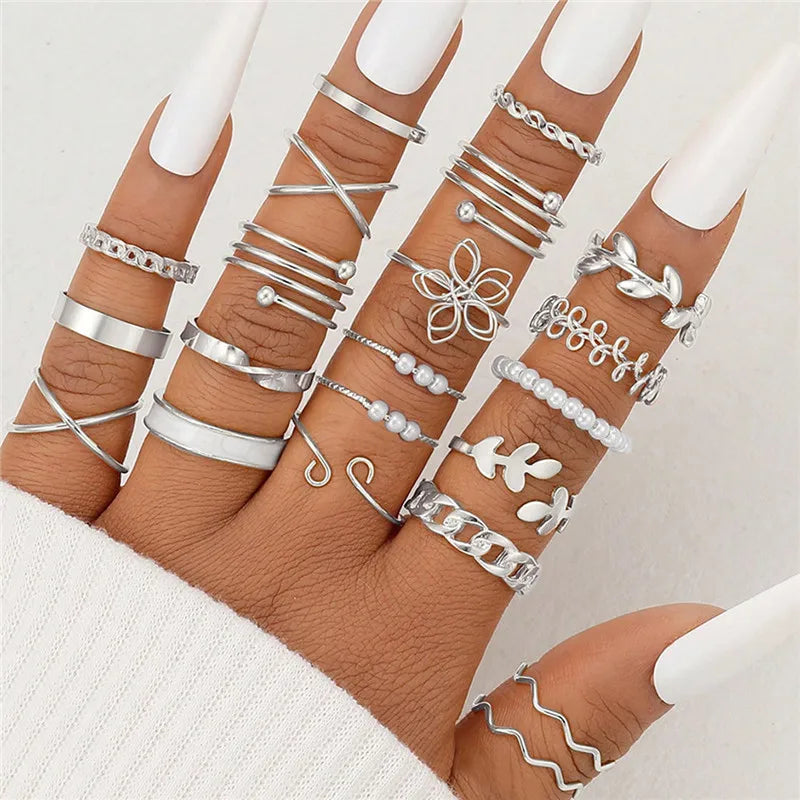 24Pcs Imitation Pearl Leaf Flower Rings Set