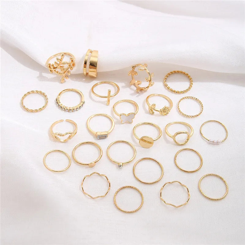 24Pcs Imitation Pearl Leaf Flower Rings Set