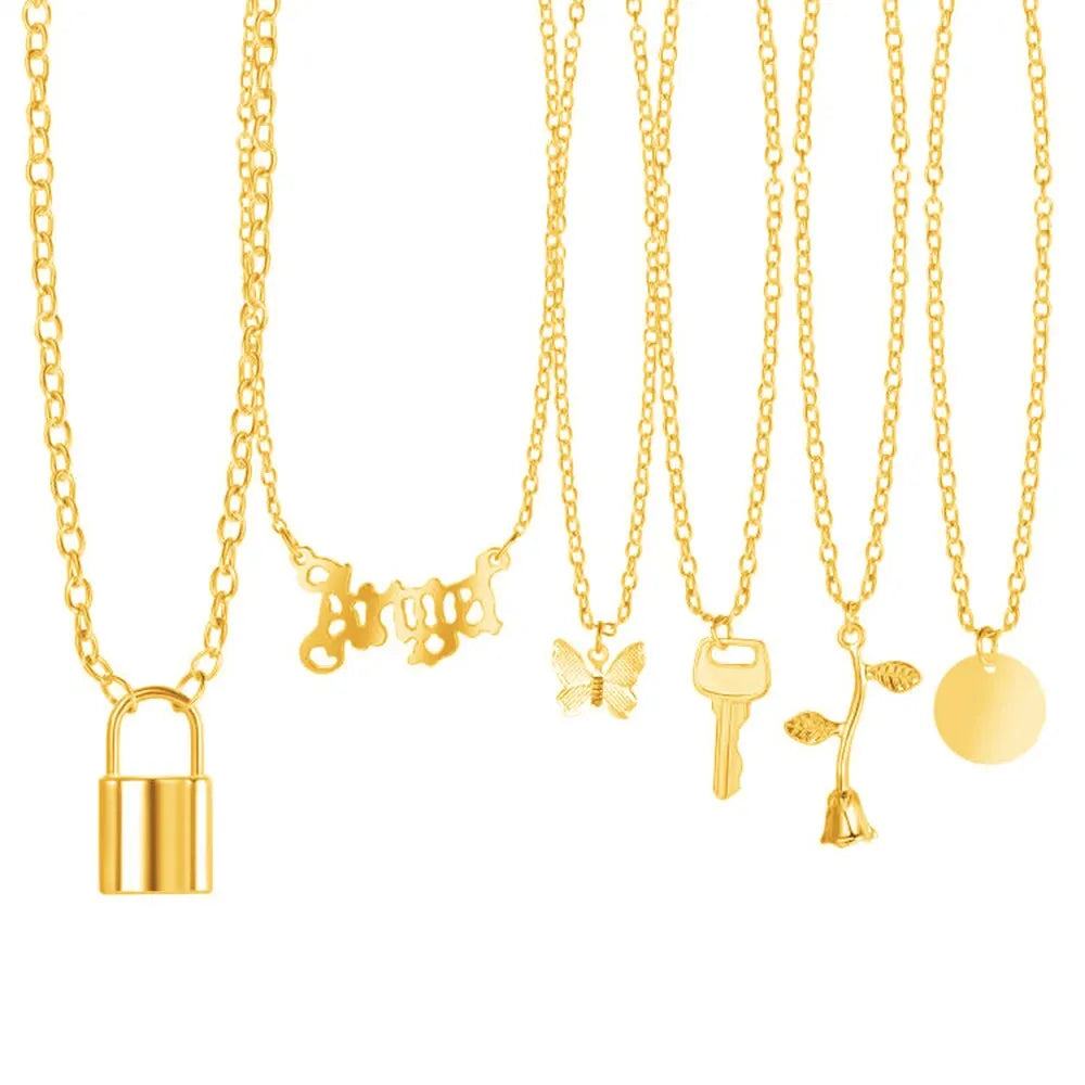 6Pcs Lady Multilayer Necklace Europe And America Retro Simple Creative Simple Lock Rose Pendant Necklace Set