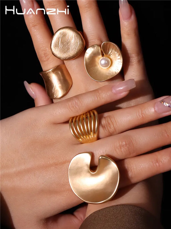 HUANZHI Chunky Gold Color Rings