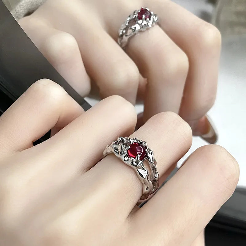 Irregular Gemstone Ring Aesthetic Girl Hollow Red Stone Ring