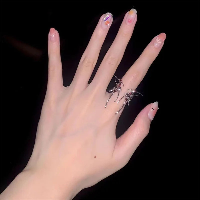 Rock Spider Ring Red Zircon Crystal Liquid Metal Silver Color Open Ring