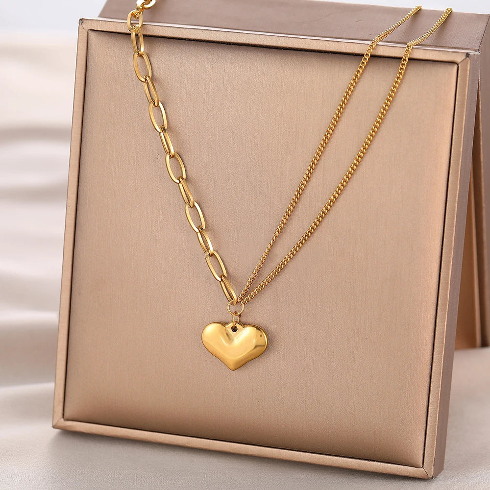 Baroque Style Asymmetric Chain Big Sweet Heart Pendants Charms Choker Kpop Necklace