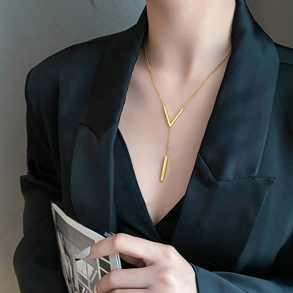 SUMENG New V-shaped Long Sexy Clavicle Gold Colour Chain Necklace Choker