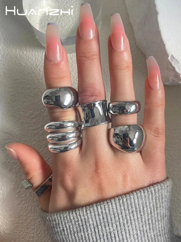 HUANZHI Silver Color Multilayer Big Rings