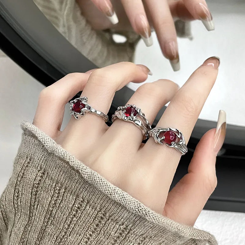 Irregular Gemstone Ring Aesthetic Girl Hollow Red Stone Ring