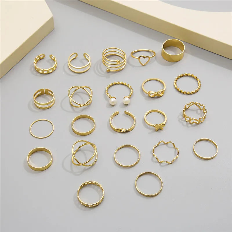 24Pcs Imitation Pearl Leaf Flower Rings Set