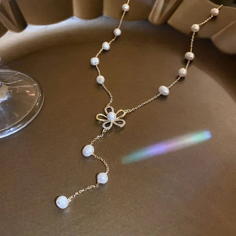 Flower Pearl Pendant Necklace for Women Luxury Crystal Long Tassel