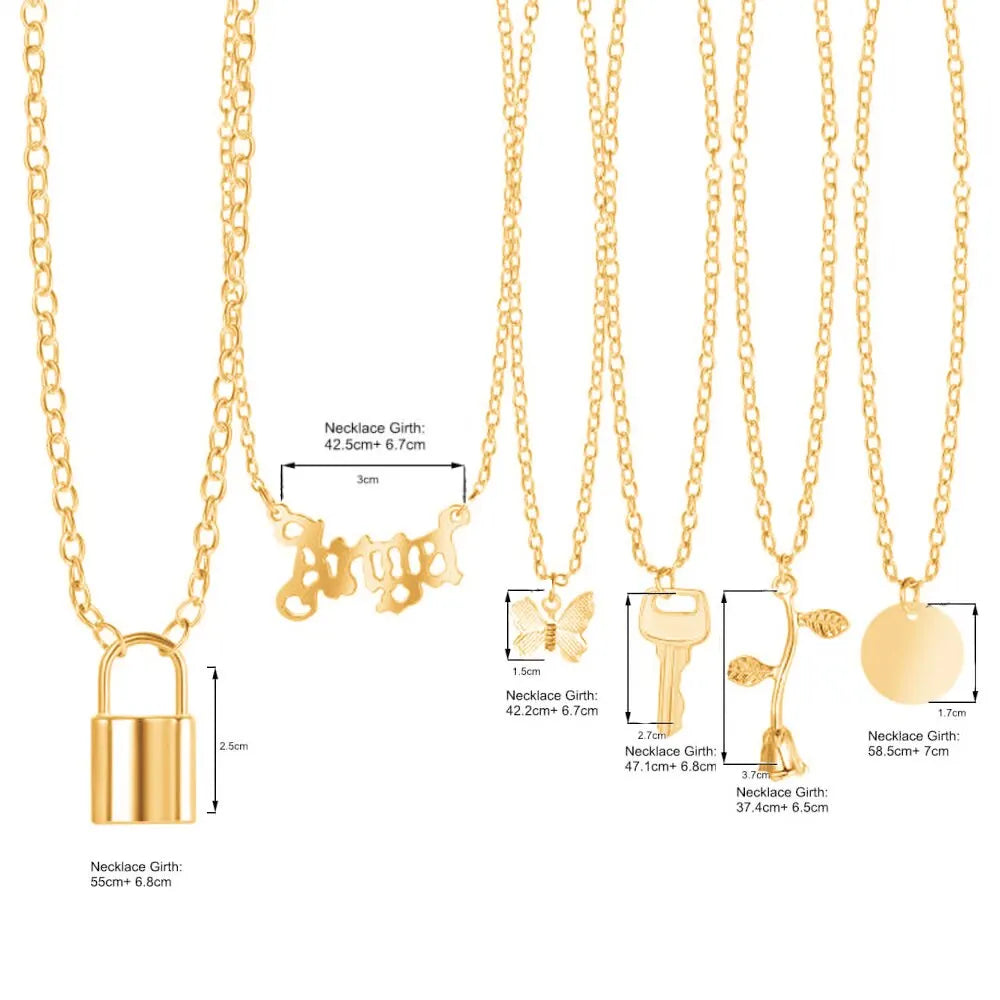 6Pcs Lady Multilayer Necklace Europe And America Retro Simple Creative Simple Lock Rose Pendant Necklace Set