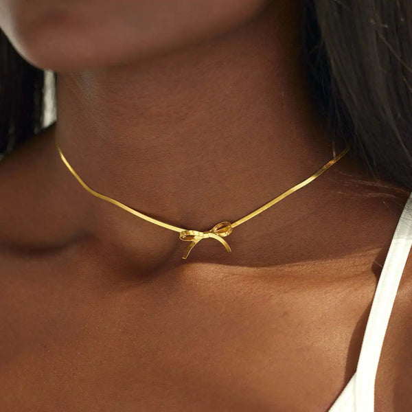 Bowknot Sexy Clavicle Choker Gold Color Flat Snake Chain Bow Necklace