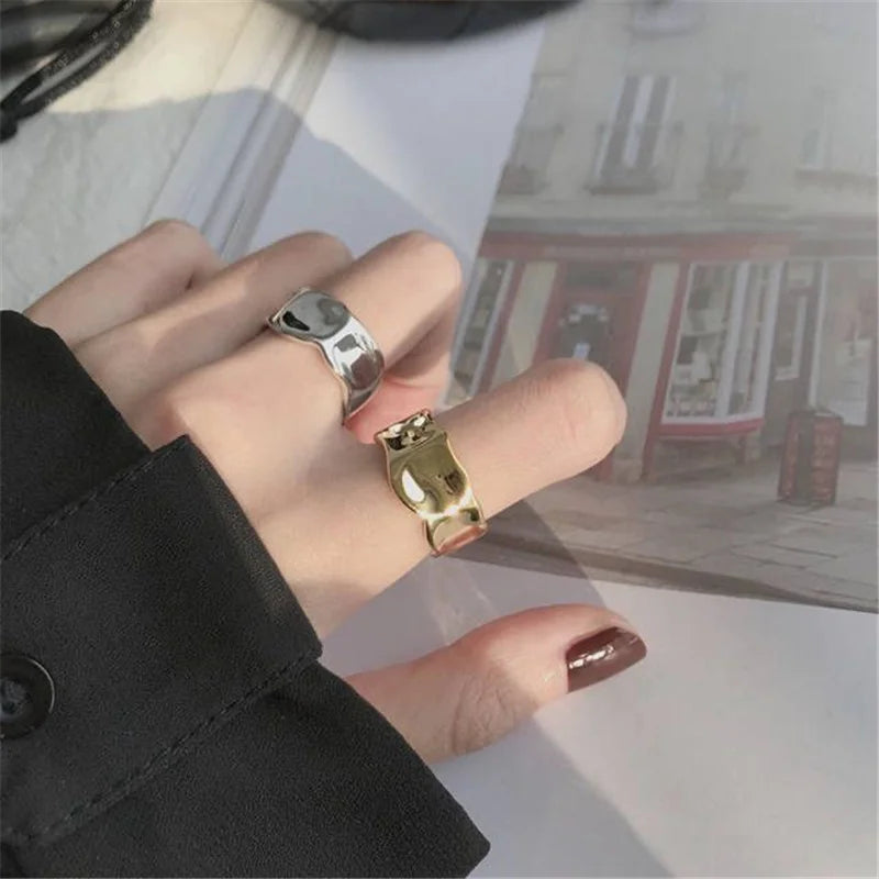 Vintage Silver Color Irregular Handmade Opening Adjustable Ring for Women Fashion Geometric Wide Punk Rings Jewelry Gift