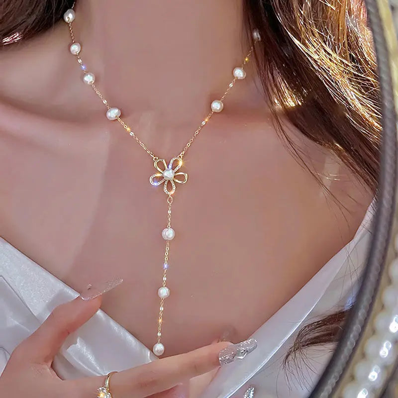 Flower Pearl Pendant Necklace for Women Luxury Crystal Long Tassel