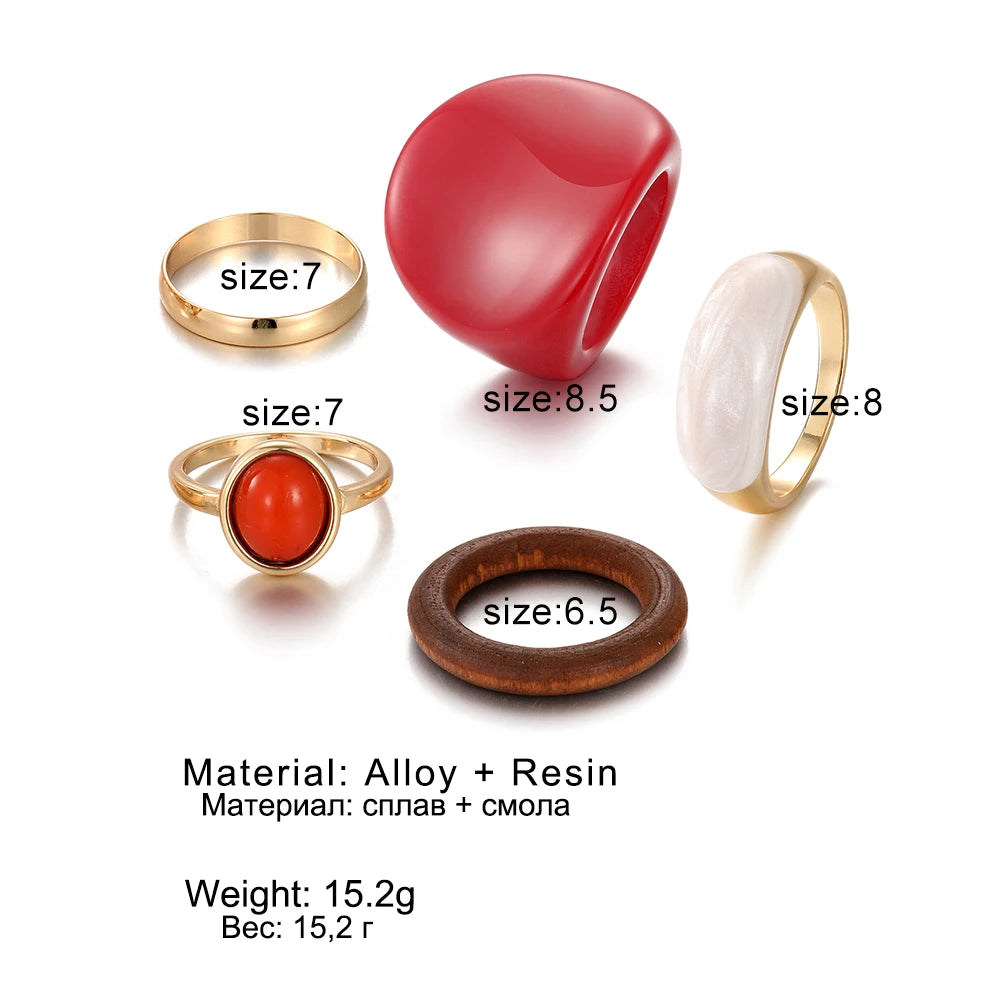 IPARAM New Trendy Rings Set for Women Exaggerated Red Resin Enamel Wooden Geometric Finger Ring Punk Fashion Jewelry