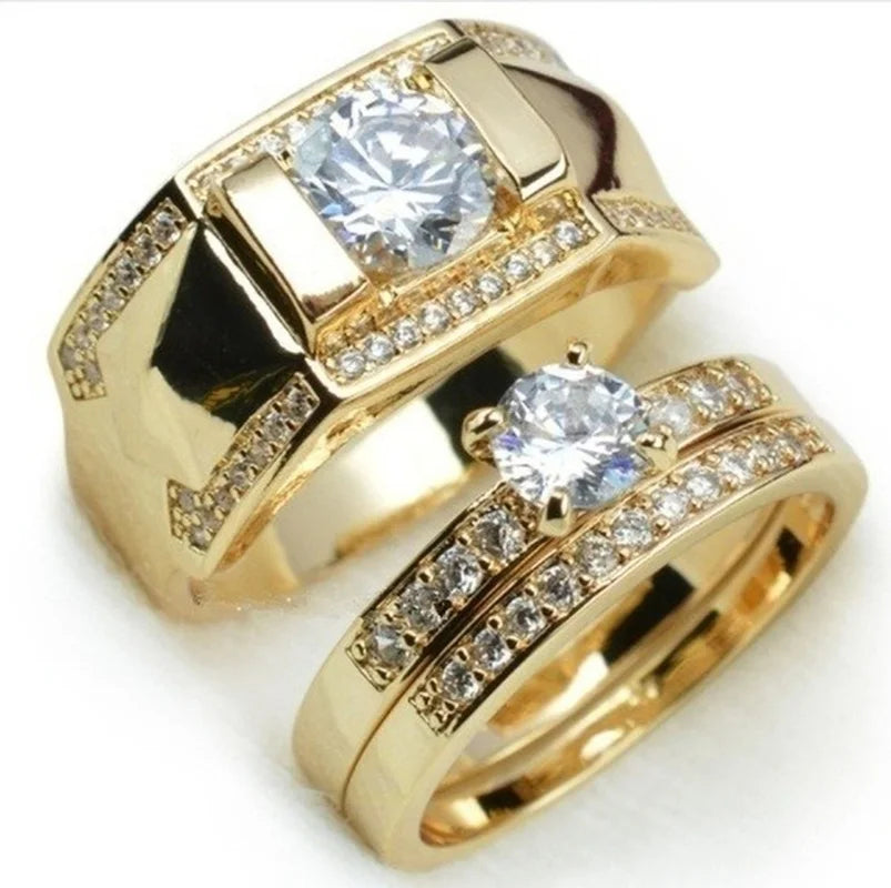 Carving Inlaid Zircon Stones Couple Ring