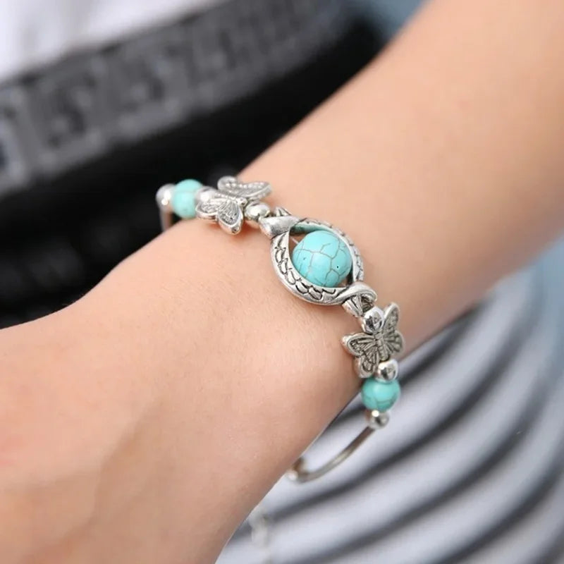 Butterfly Bracelet Carved Pattern Personality Beaded Turquoise Hand Chain