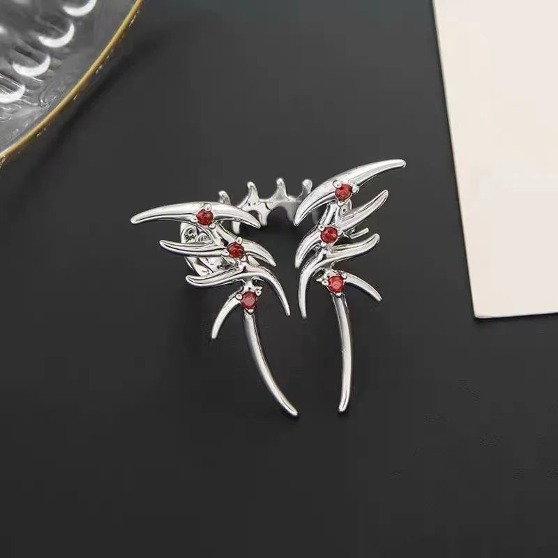 Rock Spider Ring Red Zircon Crystal Liquid Metal Silver Color Open Ring