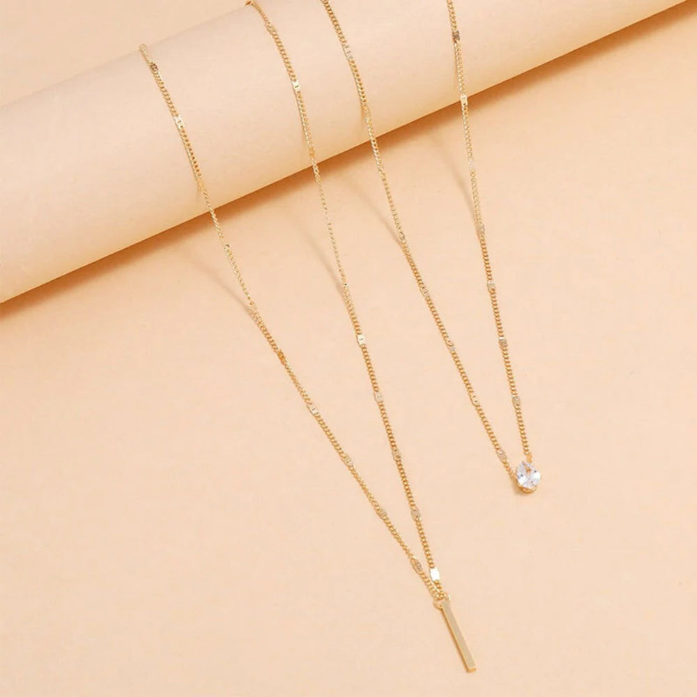 SUMENG Crystal Geometric Charm Multilayered Pendant Necklace Square Rhinestone