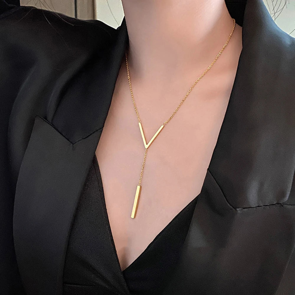 SUMENG New V-shaped Long Sexy Clavicle Gold Colour Chain Necklace Choker