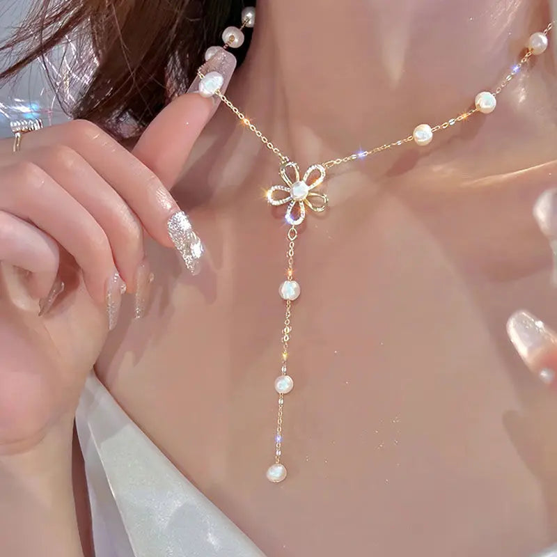 Flower Pearl Pendant Necklace for Women Luxury Crystal Long Tassel