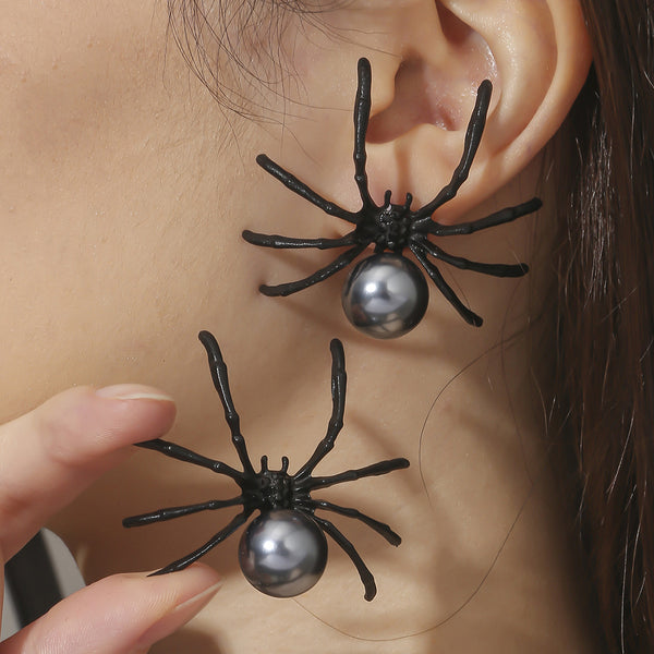 Personalized Simple Wansheng Black Spider Alloy Pearl Earrings