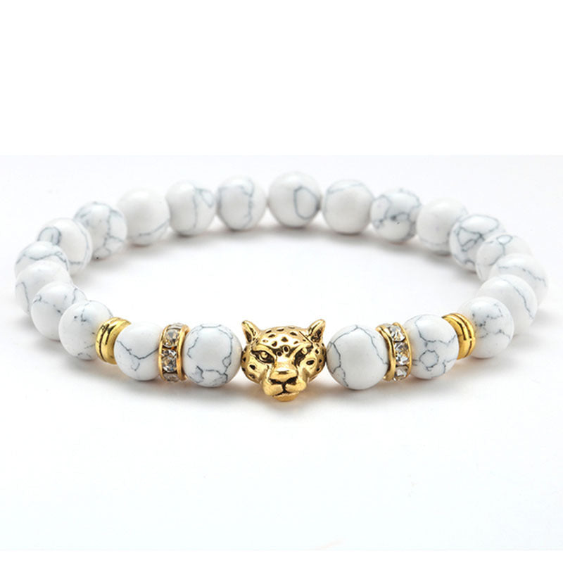 8mm Volcanic Stone Onyx Alloy Leopard Head Beaded Bracelet