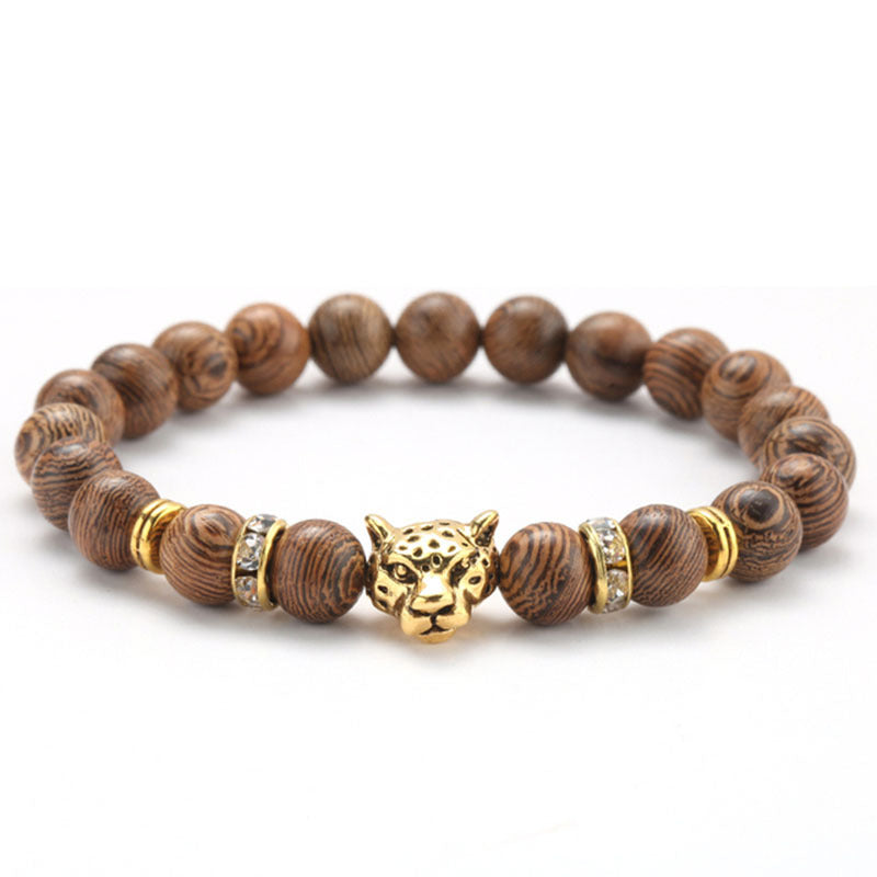 8mm Volcanic Stone Onyx Alloy Leopard Head Beaded Bracelet